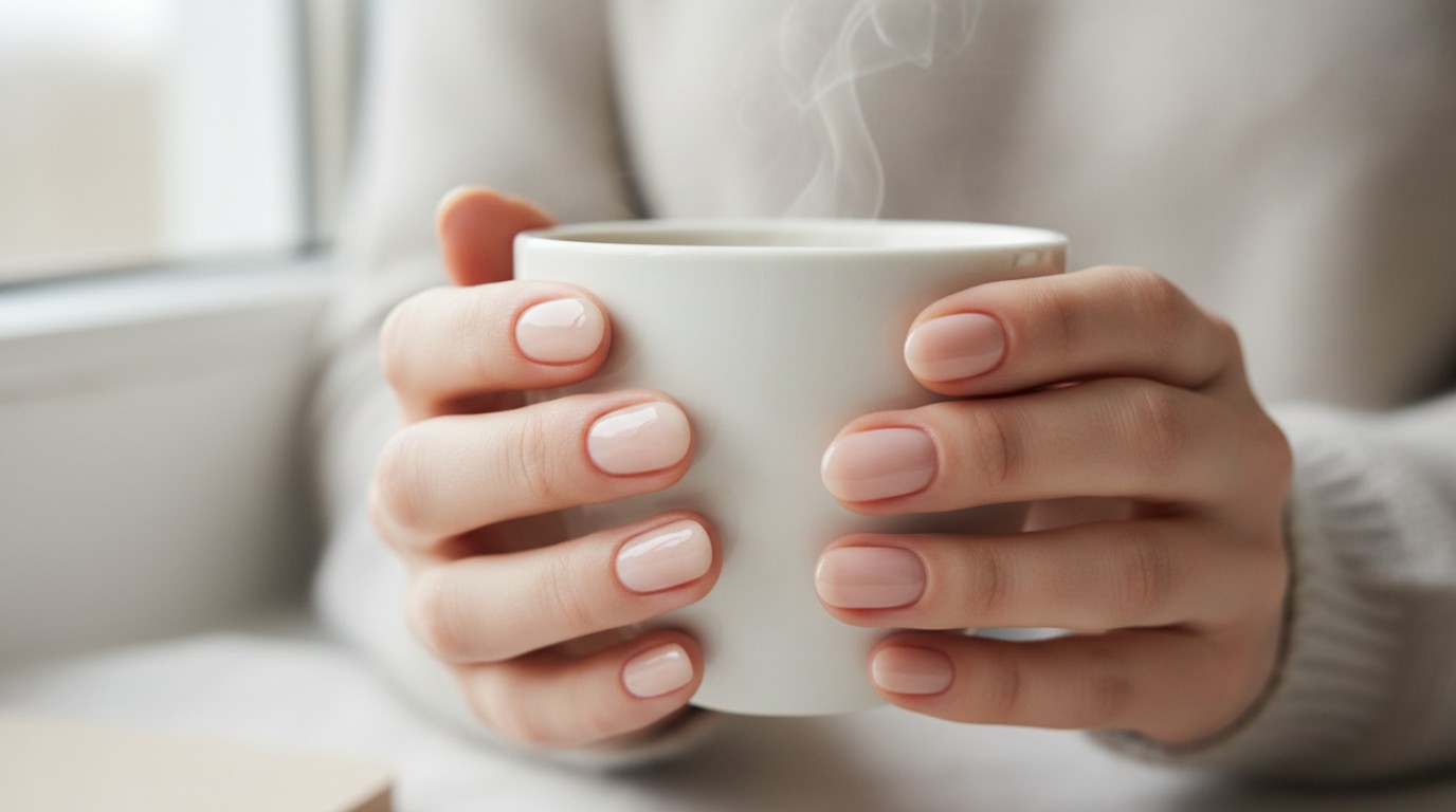 Chic nude nails for short nails, clean and simple.