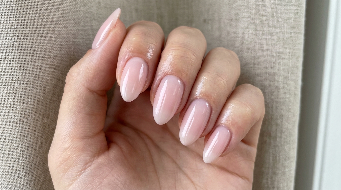 Clean Girl Nail Aesthetic Ideas - A stunning example of the clean girl nail aesthetic featuring glossy, sheer pink almond nails.