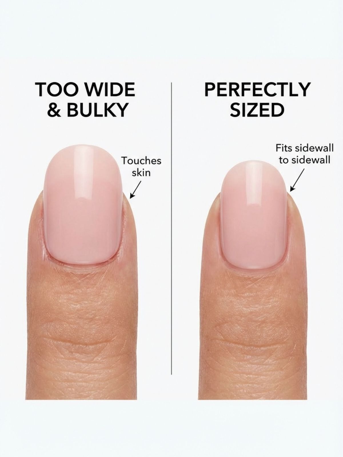 correct-vs-incorrect-nail-sizing-comparison How to Choose Press-On Nail Size - Notice how the correct size (right) aligns with the sidewalls without touching the skin.