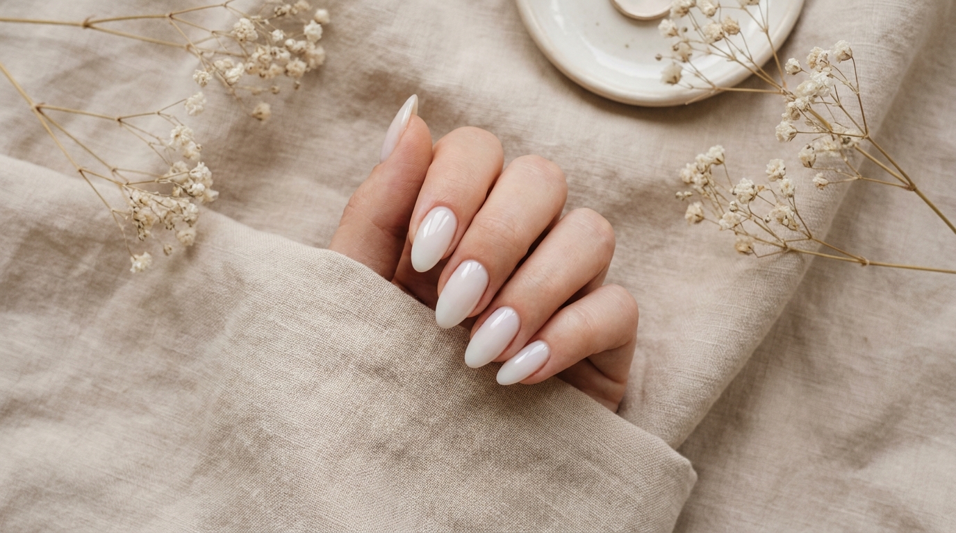 Everyday Minimal Nails Pinterest Ideas - Soft milky white almond nails resting on linen fabric.