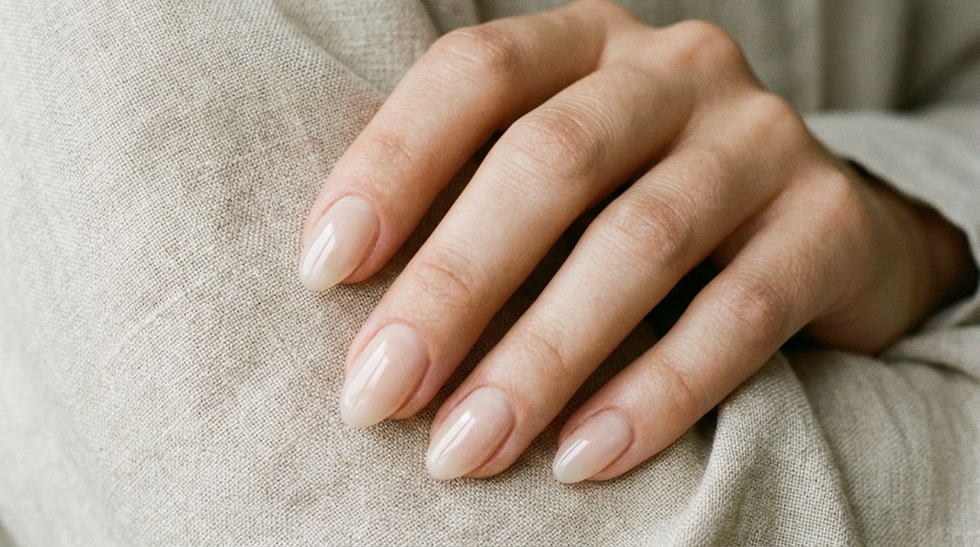 How to Fix Press-On Nails That Fall Off - A perfectly applied set of sheer nude press-ons showing a seamless cuticle fit.
