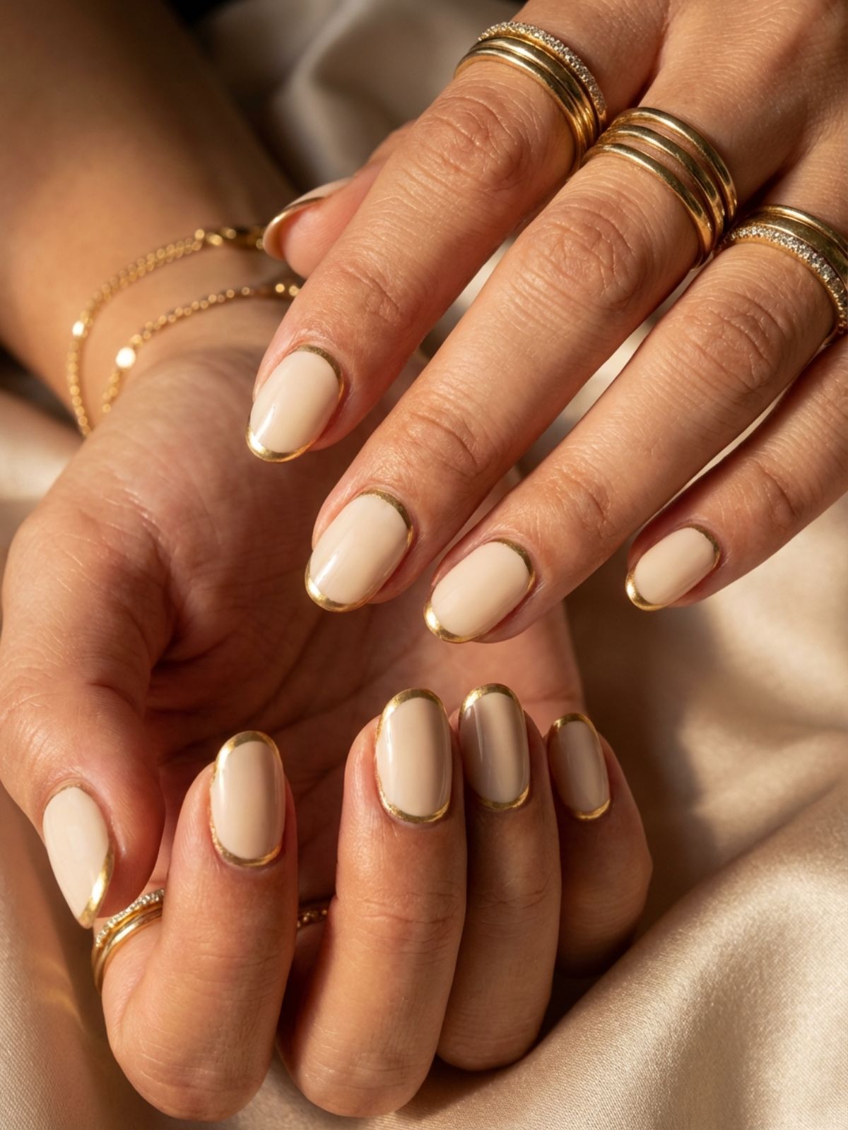 Elegant Minimal Nails for Professionals - Elevate your beige manicure with a subtle metallic gold cuff at the cuticle.