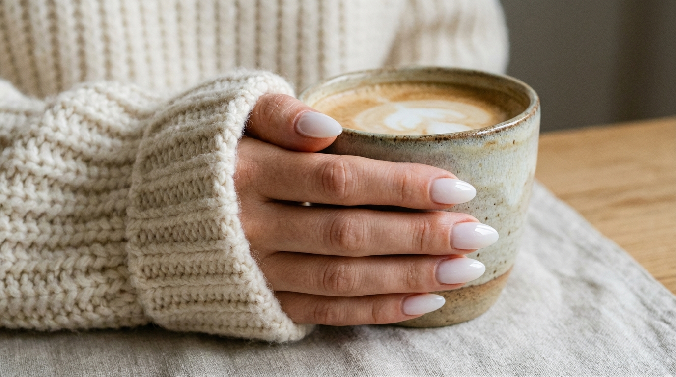 Minimal Nails That Match Any Outfit - A milky white manicure is the perfect example of how minimal nails match outfit textures like cozy knits.