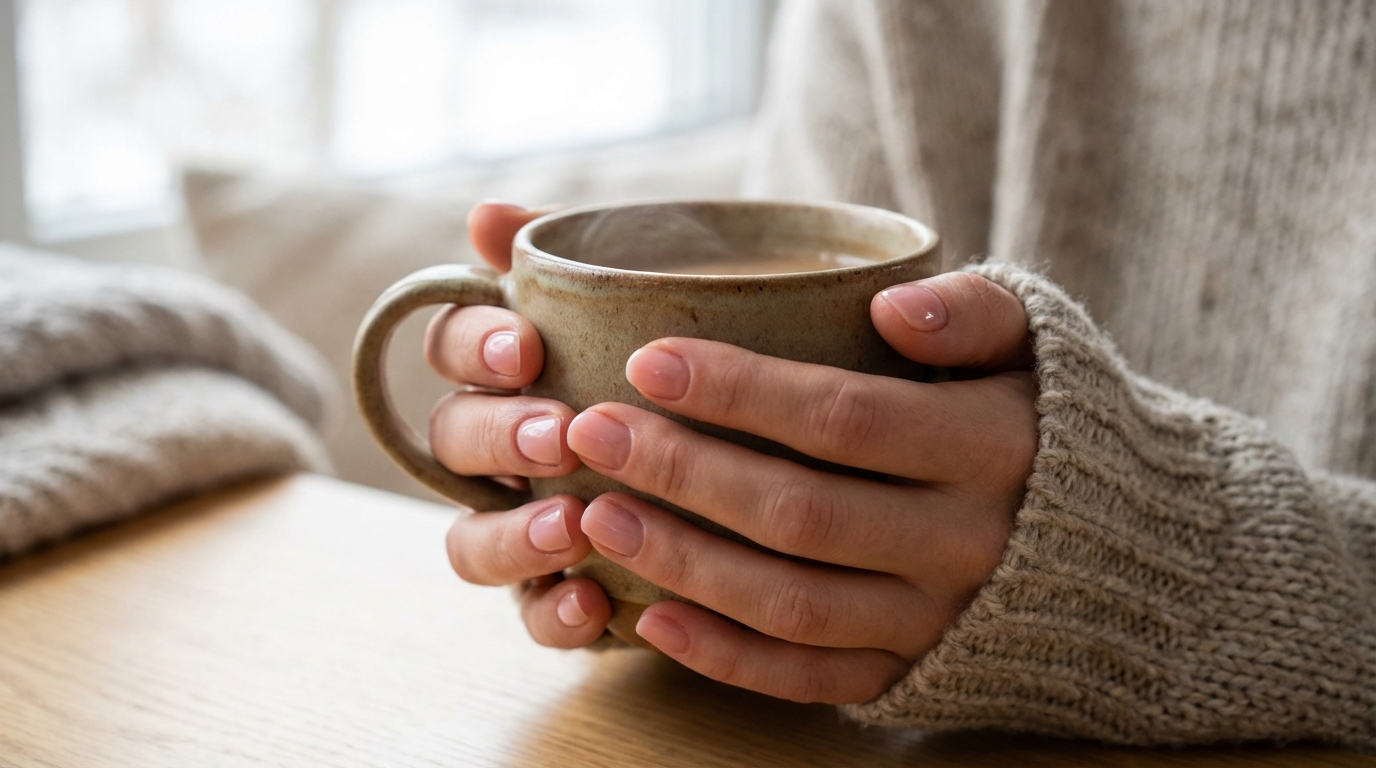 Minimal Nails for Moms - A cozy, chic manicure featuring short glossy sheer pink nails perfect for busy moms.