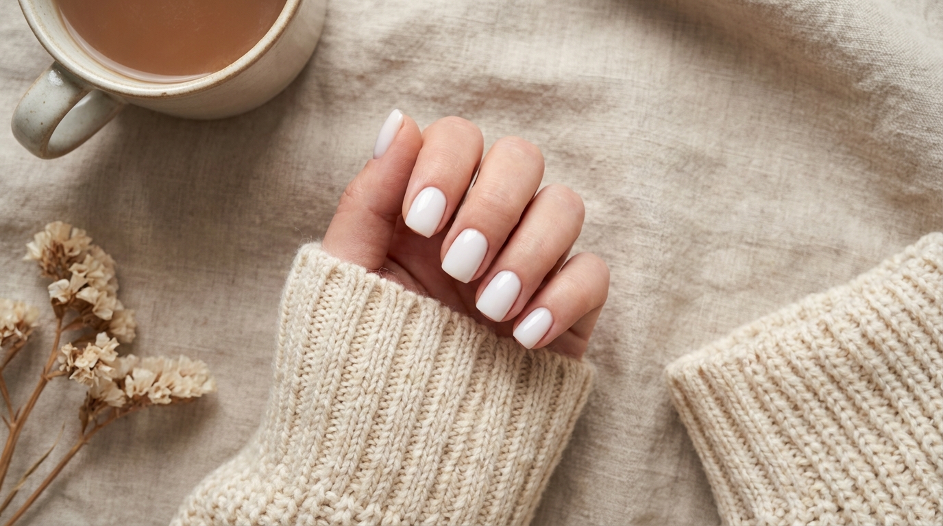 Minimal Nails Without Nail Art - The quintessential minimal look: glossy milky white polish on short, well-groomed nails.