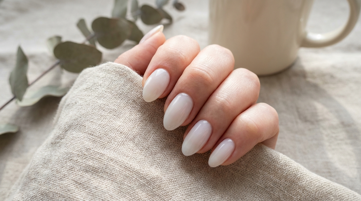 Minimal Nails for Short Fingers - Milky almond nails are the ultimate choice for elongating short fingers naturally.