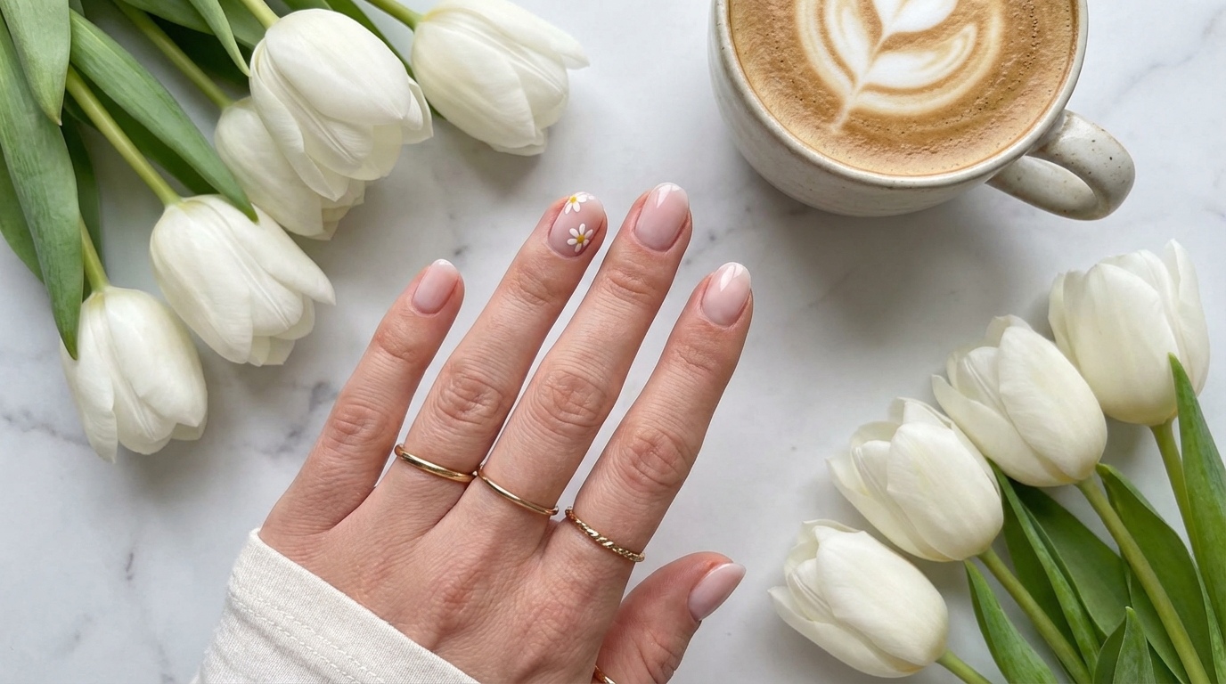Minimal Nails for Spring Everyday - Fresh tulips and milky pink nails create the ultimate spring mood.