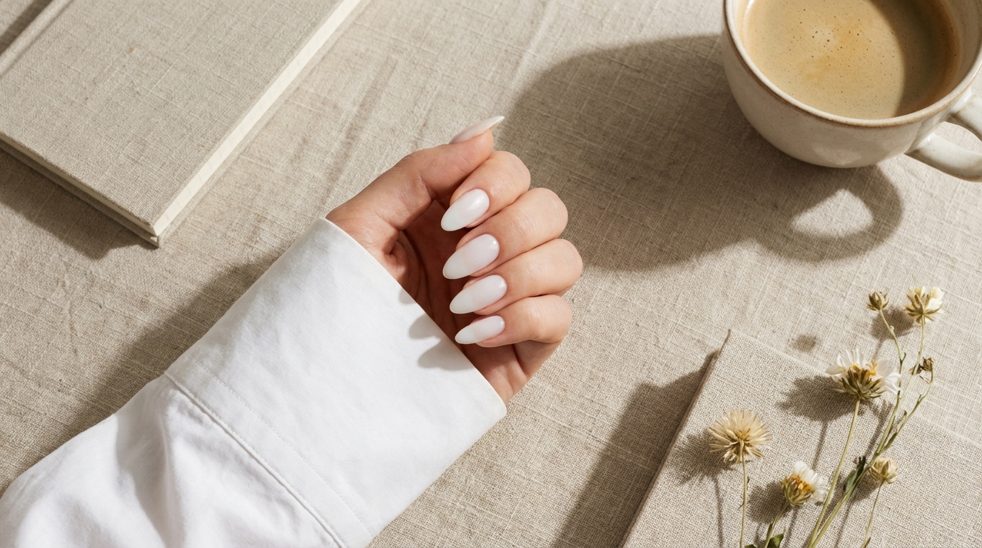Minimal Nails for Summer Office Looks - A chic example of the minimal nails summer office aesthetic featuring milky white polish.