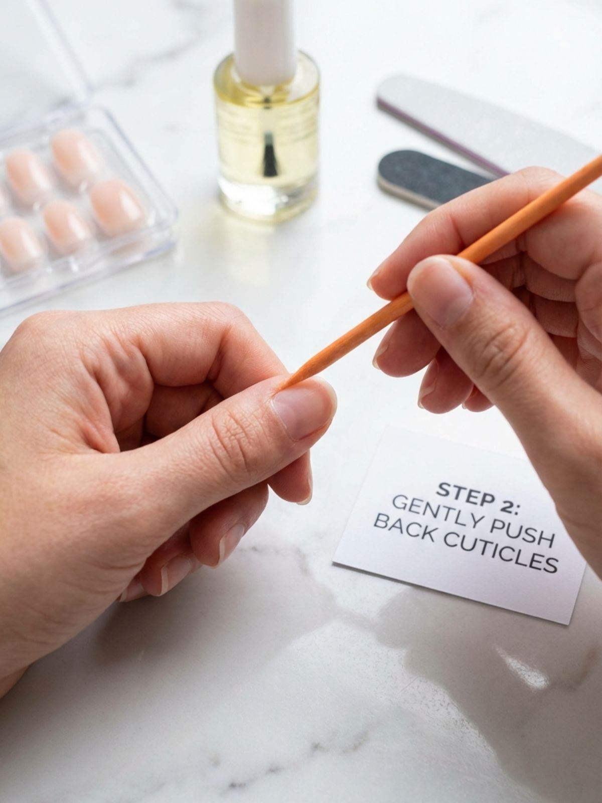prepping-nails-for-press-ons Minimal French Press-On Nails Review - Proper cuticle prep is the secret to making your minimalist press-ons last longer.