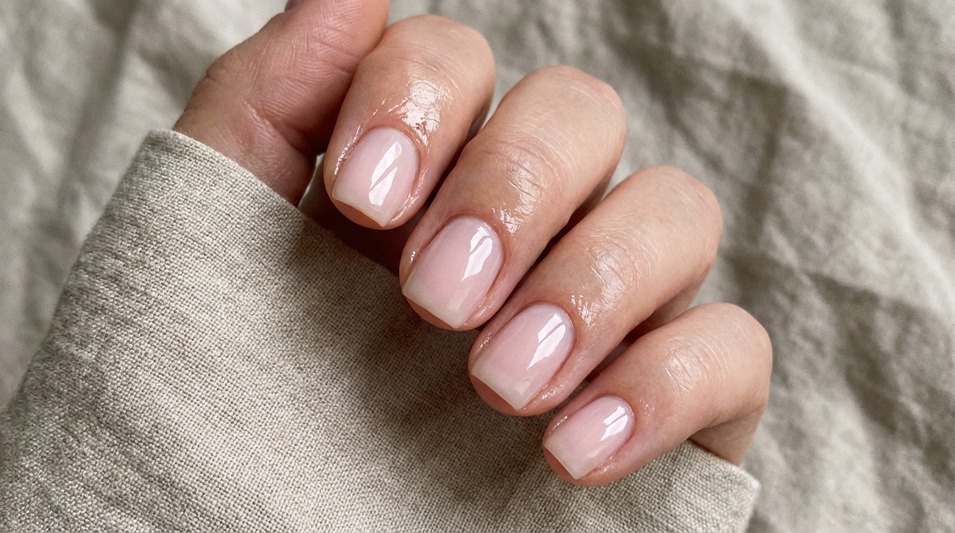 Short Nails That Look Clean and Polished - The ultimate short nails clean polished look featuring a glossy milky pink finish.
