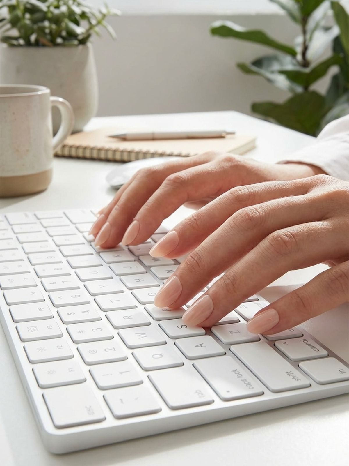 short oval nude press on nails typing Best Press-On Nails for Minimal Look - Short oval shapes are practical for daily work while looking incredibly chic.