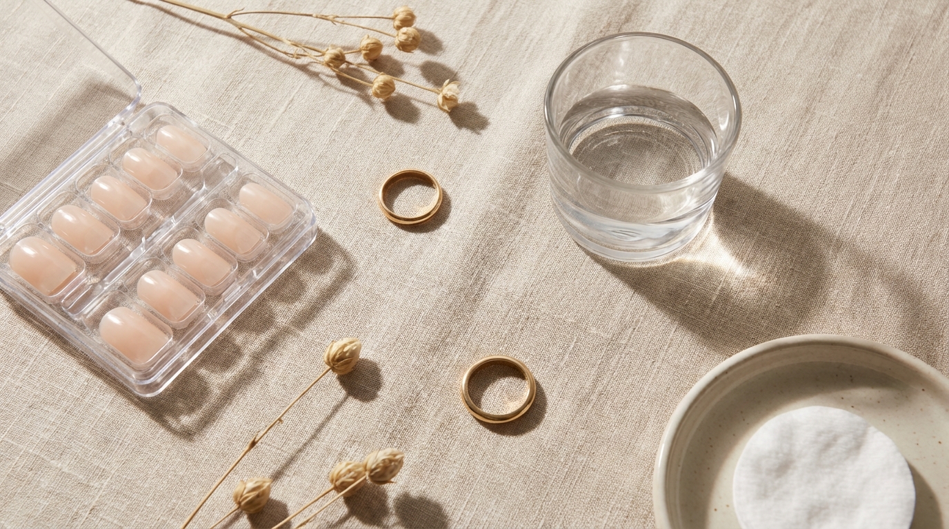 Best Short Press-On Nails That Look Real - Minimalist beauty essentials featuring natural-looking nude press-on nails.