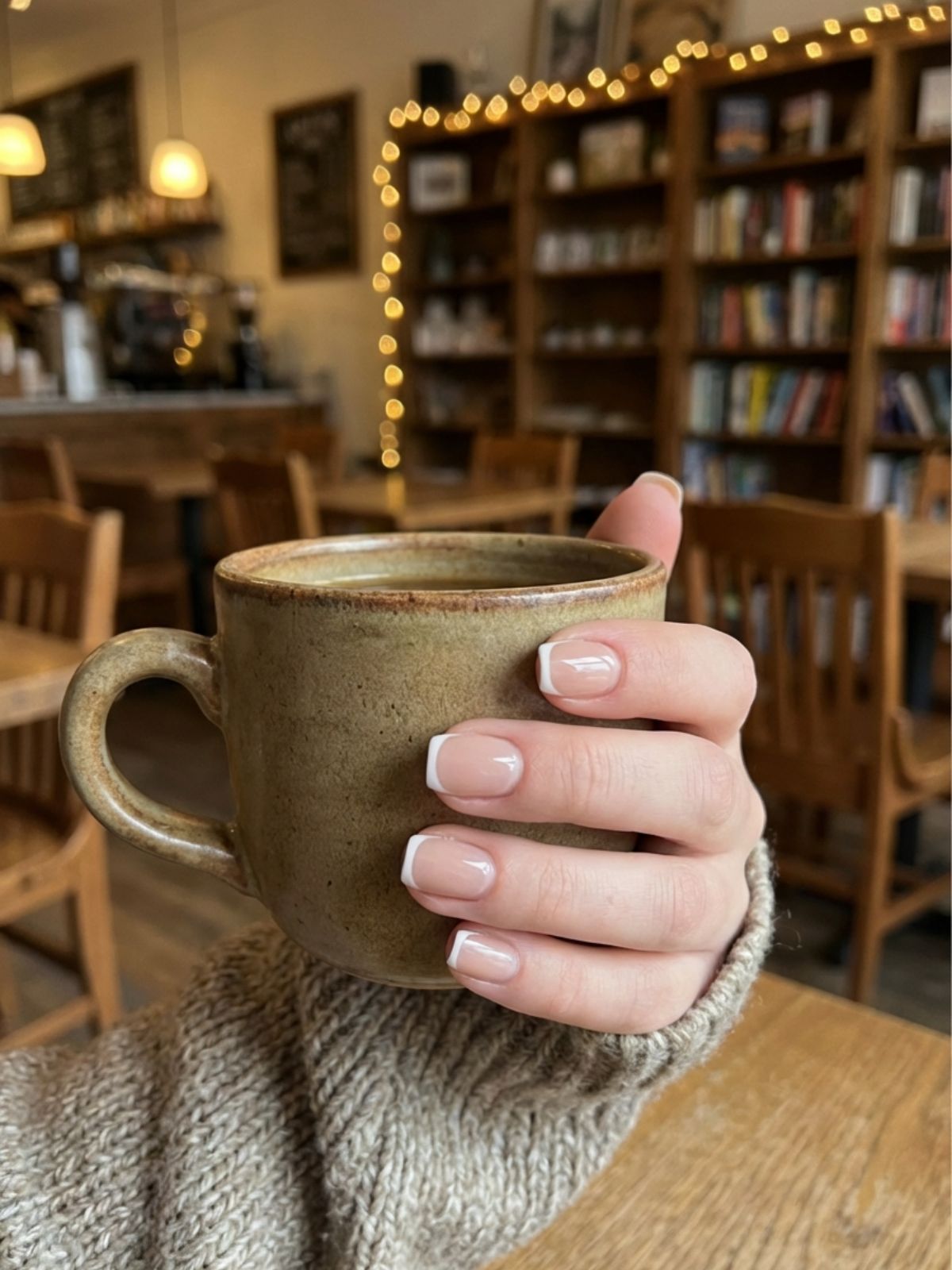 Short Squoval French Tip Nails Coffee Affordable Minimal Press-On Nails - Short squoval French tips are perfect for a classic, everyday look.