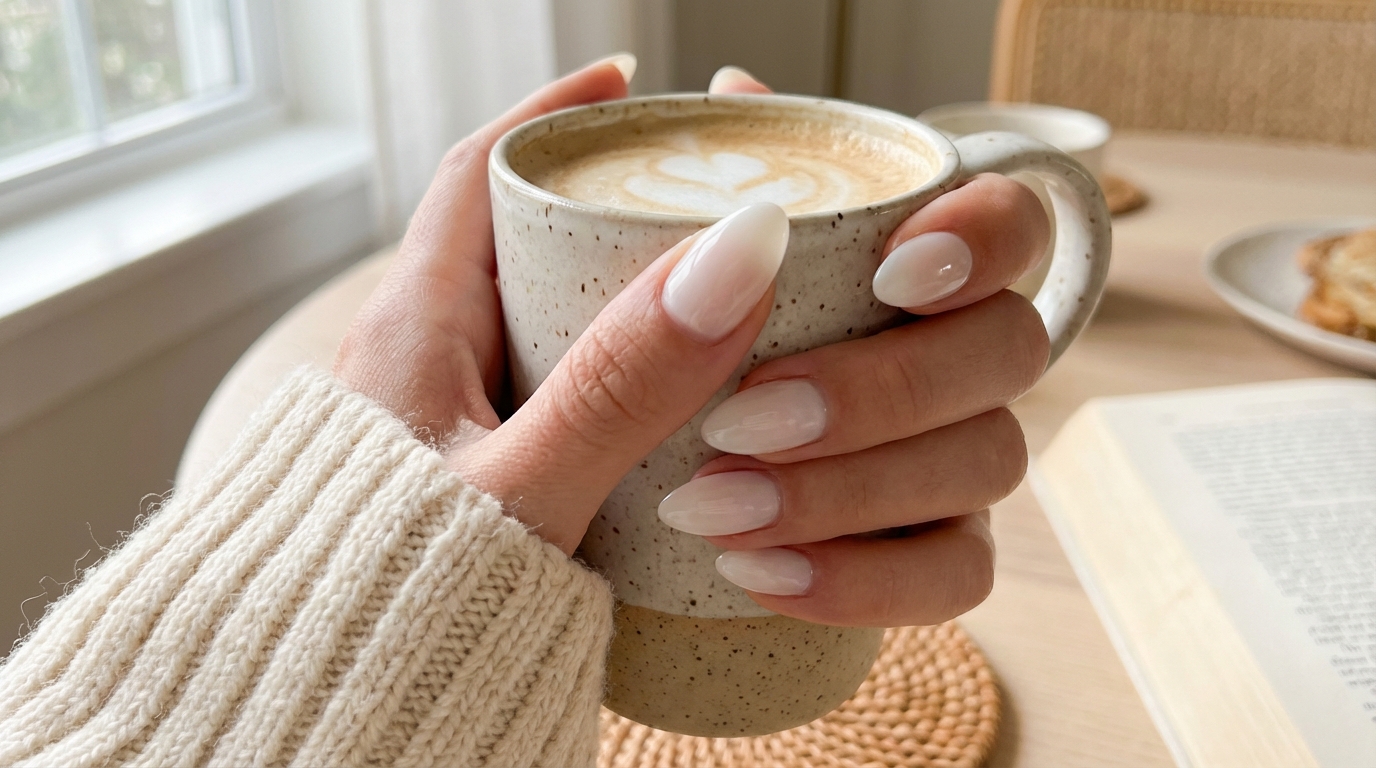 Beige and Milky White Nail Ideas - The ultimate guide to trendy beige milky white nails featuring a glossy almond finish.