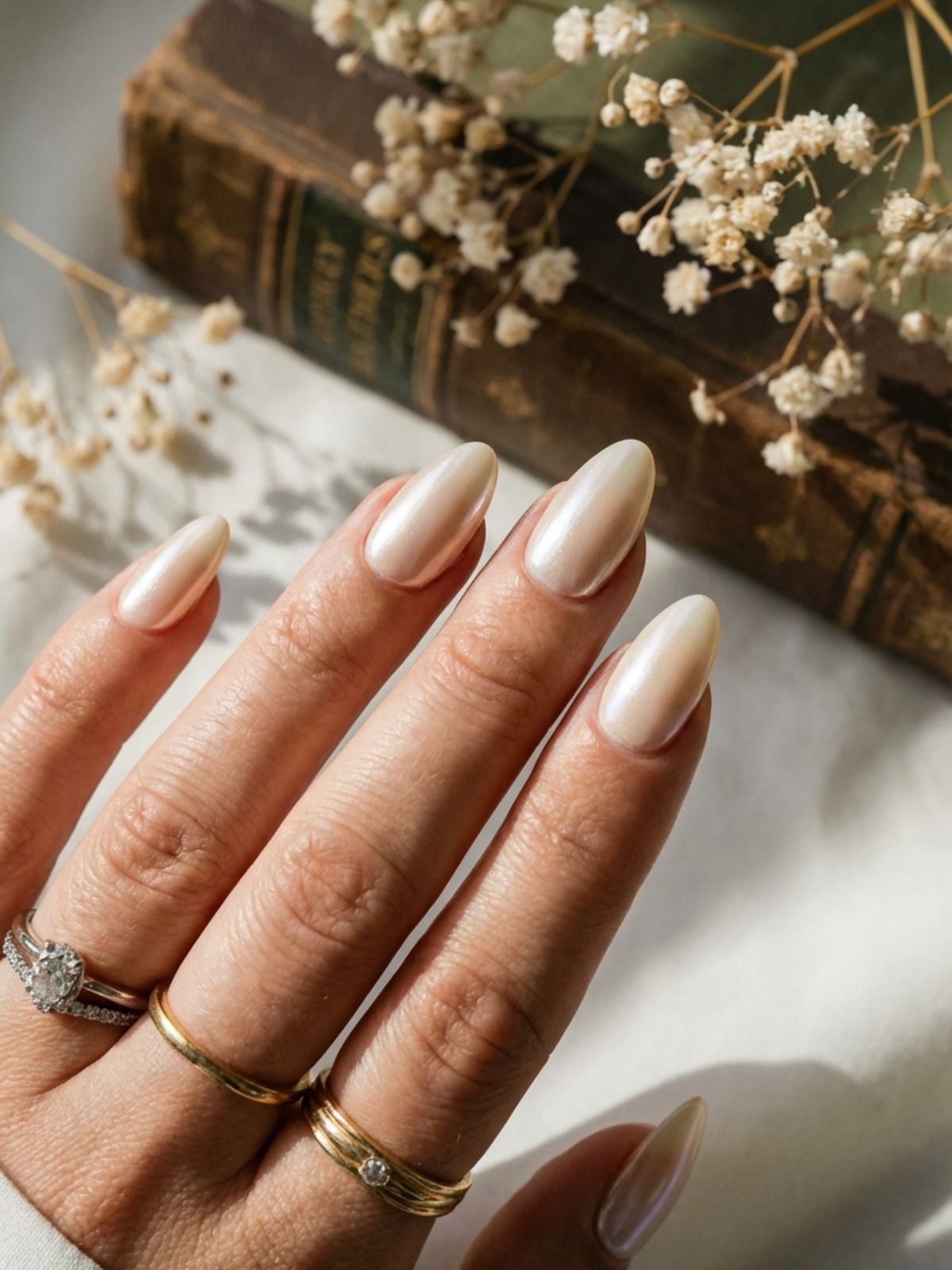 Minimal Nails for Date Night - Warm vanilla chrome nails offer a softer, more romantic alternative to the stark white glazed look.