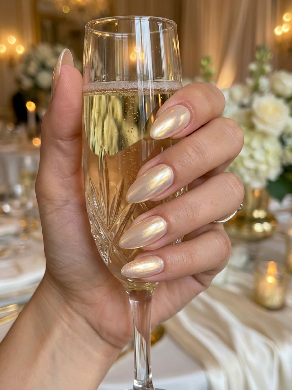 Minimal Nails for Bridesmaids - Glazed vanilla chrome adds a pearlescent shimmer perfect for weddings.
