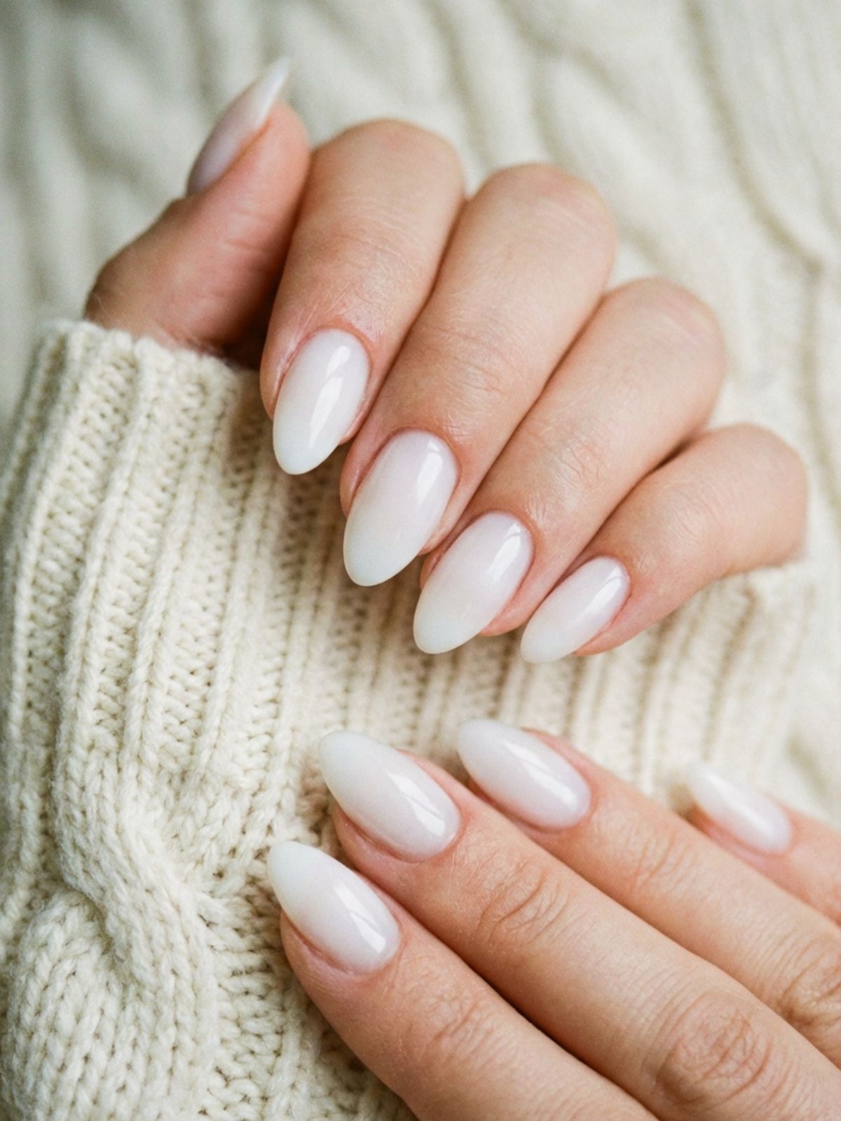 milky white almond nails soft Minimal Nails That Look Good on Camera - Milky white almond nails offer a soft-focus effect that looks dreamy in natural light.