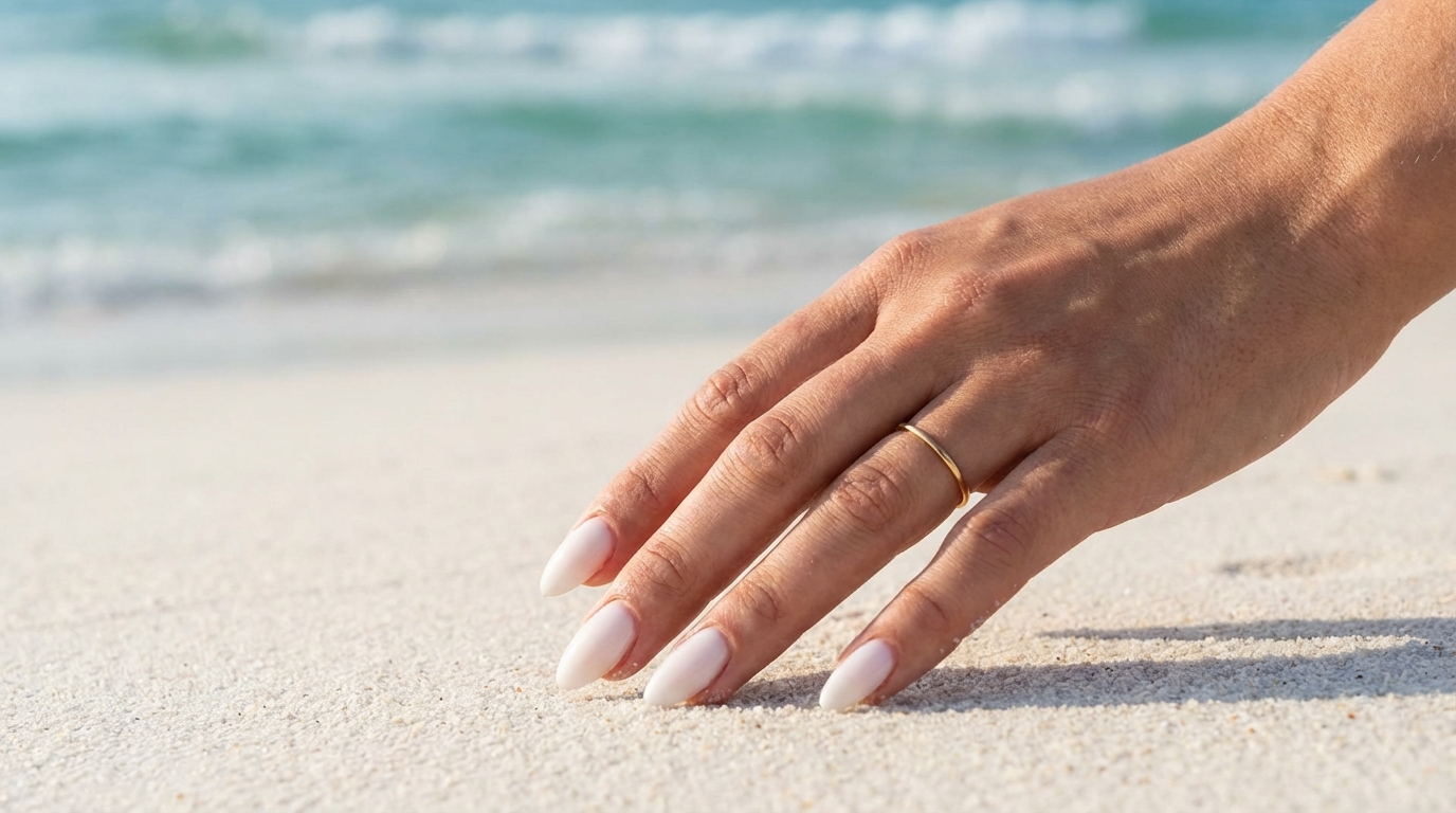 Minimal Nails for Beach Vacation - A milky white manicure is the ultimate minimal nails beach look, contrasting beautifully with warm sand.