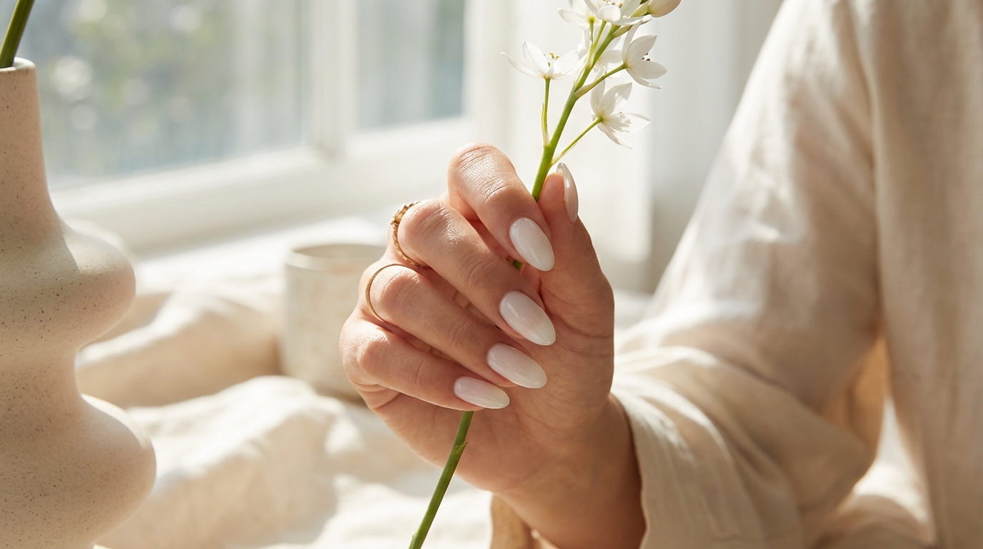 Minimal Nails for Bridesmaids - Soft sheer white nails perfect for elegant bridesmaids.