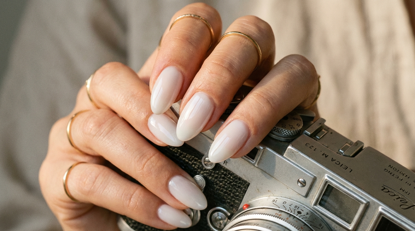 Minimal Nails That Look Good on Camera - A flawless milky white manicure that catches the golden hour light perfectly.