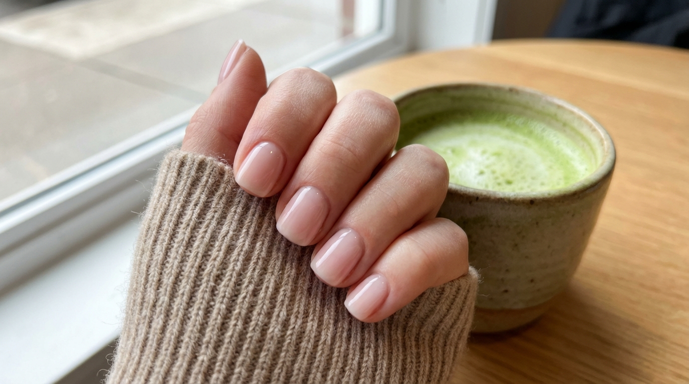 Minimal Nails for Everyday Casual Outfits - Soft, sheer nails paired with cozy textures define the minimal casual aesthetic.