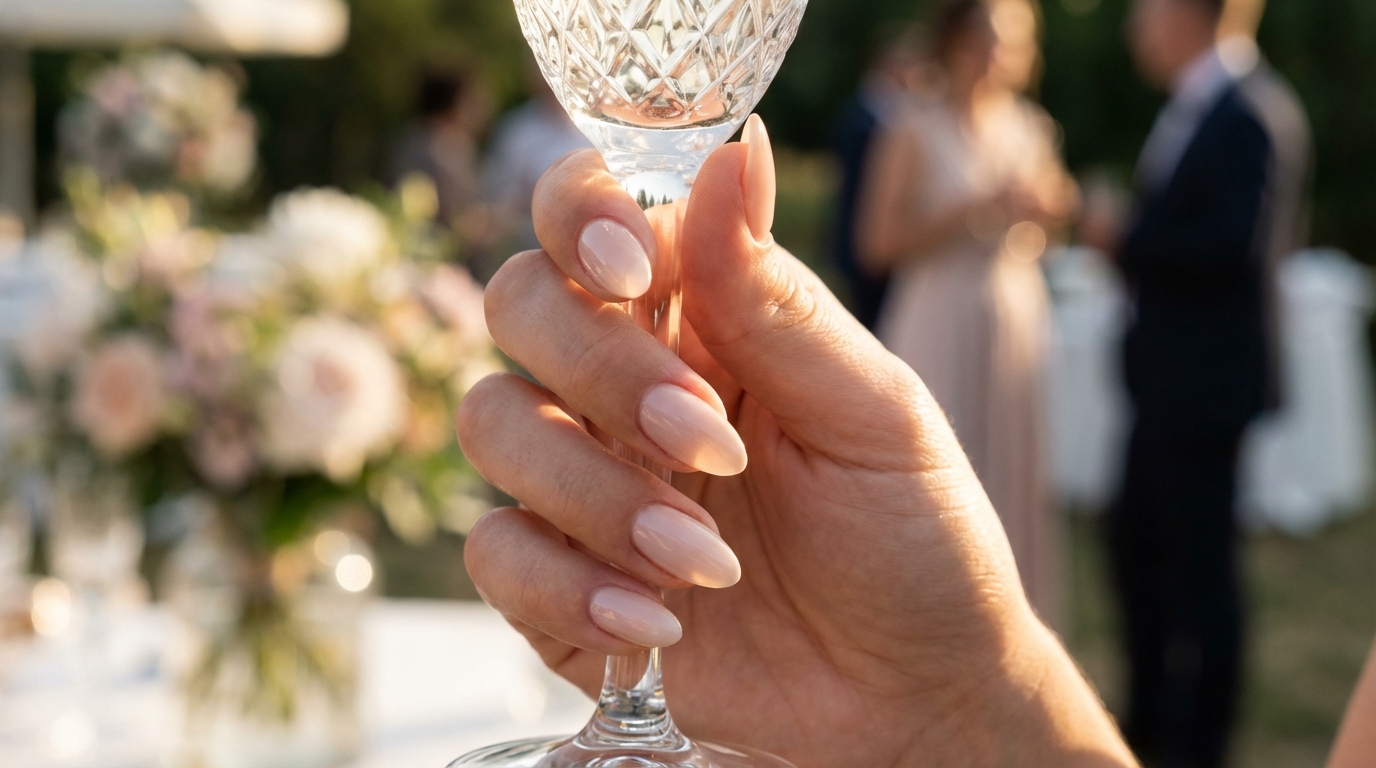Minimal Nails for Wedding Guests - A sheer milky nude manicure is the ultimate accessory for a wedding guest, catching the golden hour light effortlessly.