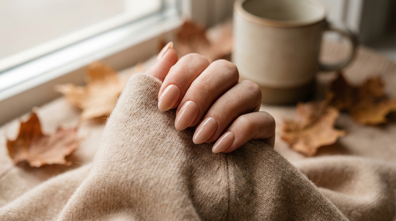 Best Minimal Press-On Nails for Fall - Soft almond nudes paired with cozy cashmere define the minimal fall aesthetic.