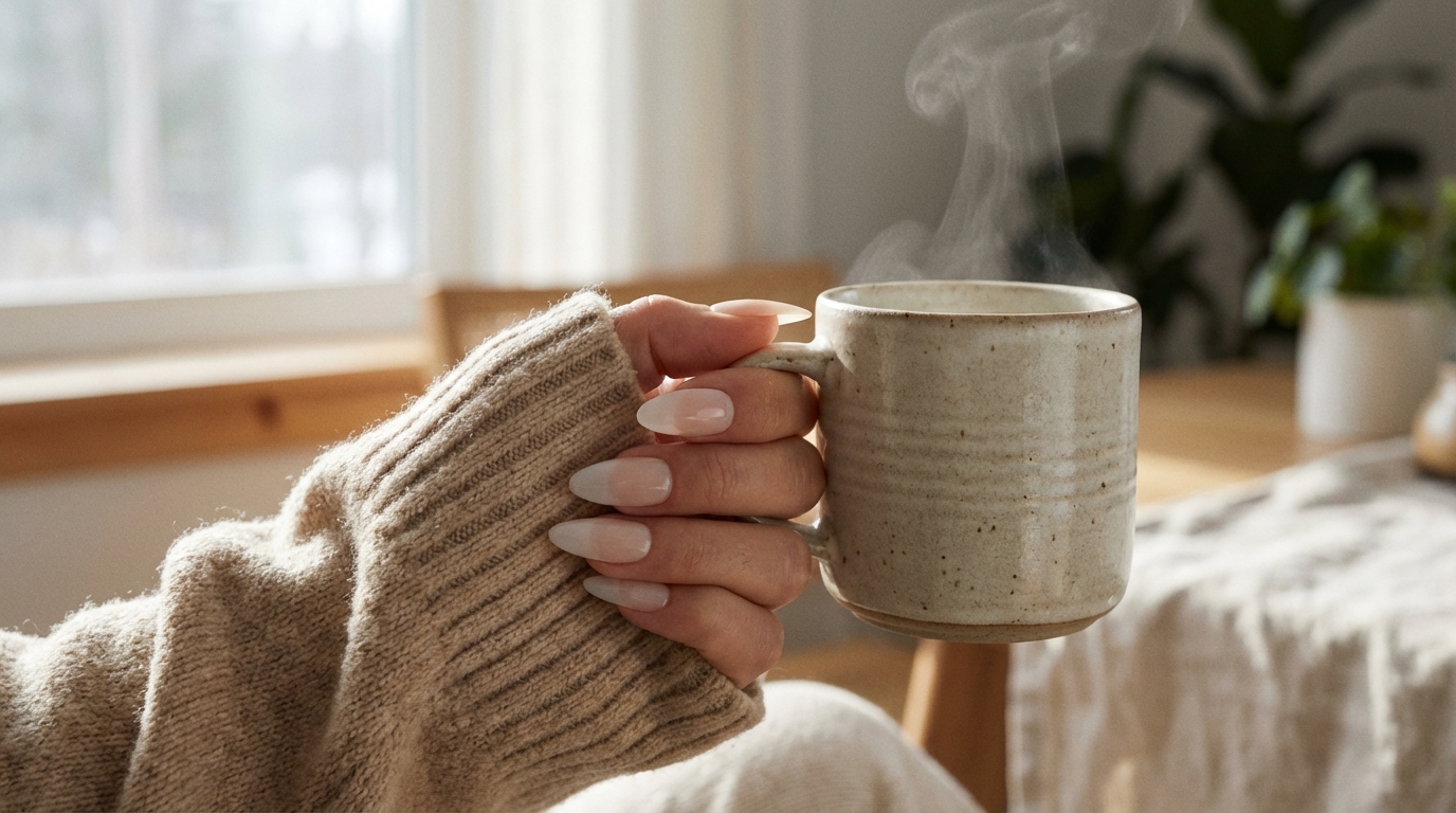 Best Minimal Press-On Nails for Winter - Cozy winter vibes with sheer milky almond press-on nails.