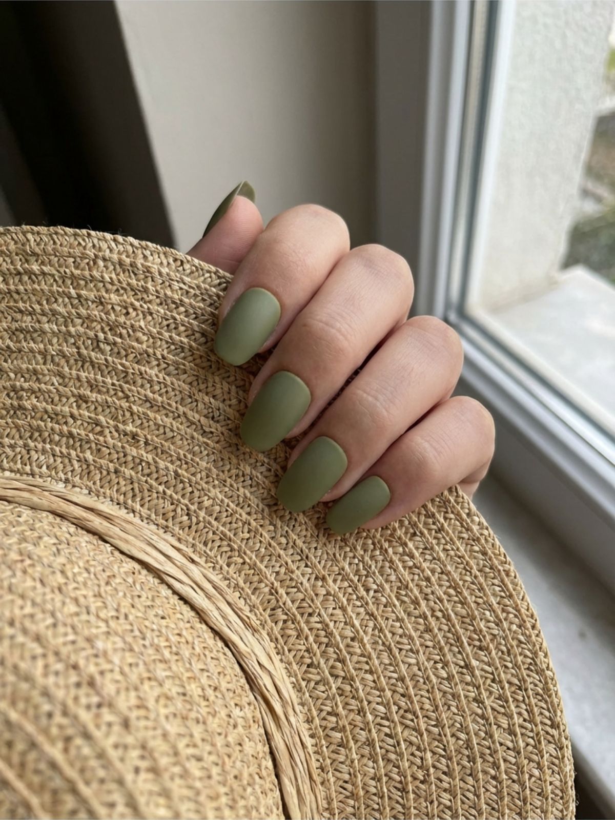 Press-On Nails for Travel and Vacation - Muted olive tones pair beautifully with natural linens and straw accessories.