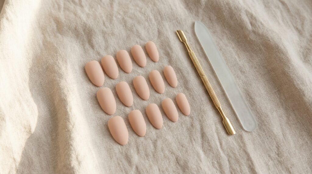 How to Reuse Press-On Nails Safely - High-quality soft gel press-ons arranged for a sustainable beauty routine.